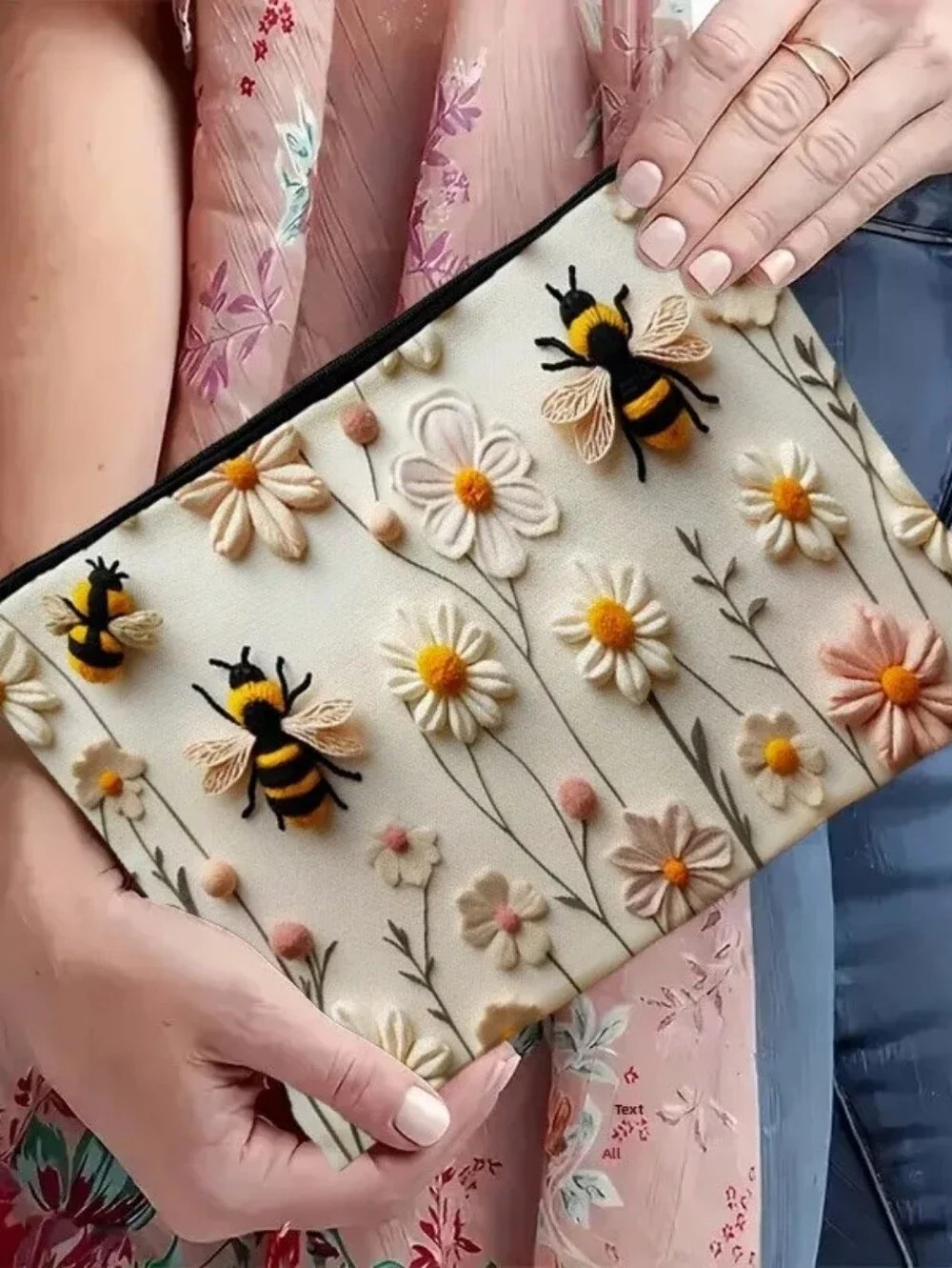 2D Bee & Daisy Floral Makeup Bag with Secure Zipper Closure  New